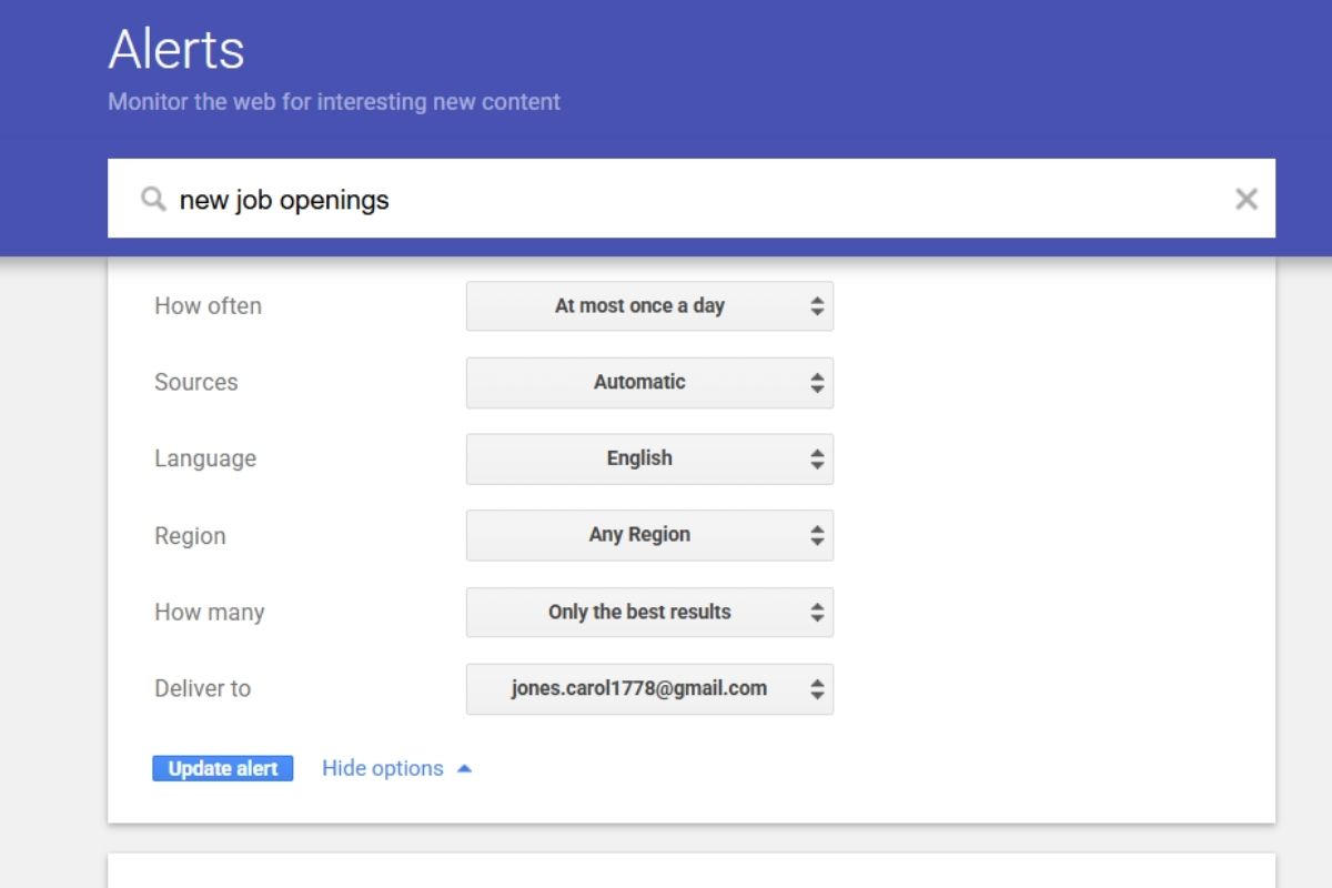 Google Alerts Settings