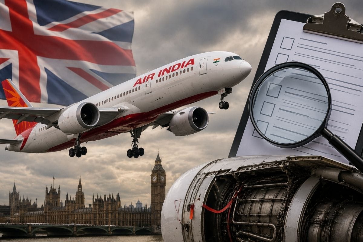 Air India Boeing 787 flying over London with Big Ben and the UK flag in the background, alongside an inspection checklist, magnifying glass, and exposed aircraft engine components symbolizing regulatory scrutiny
